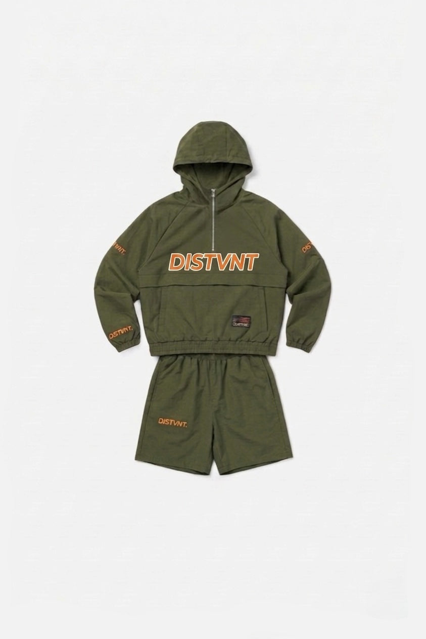 QUARTER-ZIP WINDBREAKER HOODED SHORT SET