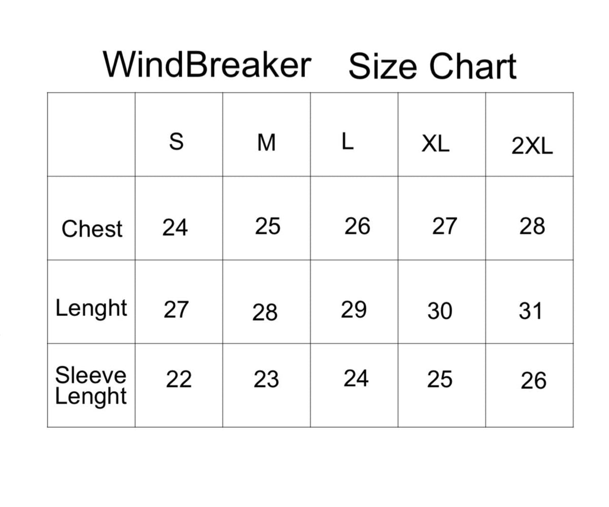 Windbreaker size chart with measurements for chest, length, and sleeve length.